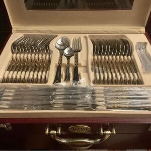 Vintage Alpine Gold tone and Stainless Steel Flatware Set with Elegant Storage